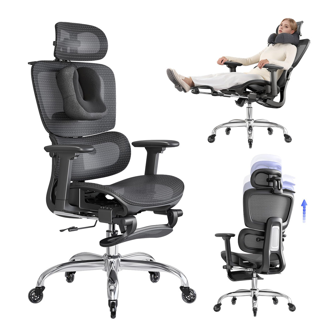 Ergonomischer Bürostuhl mit Fussstütze &amp; Nackenkissen, 5-Fach Höhenverstellbare Rückenlehne, 2D Lord