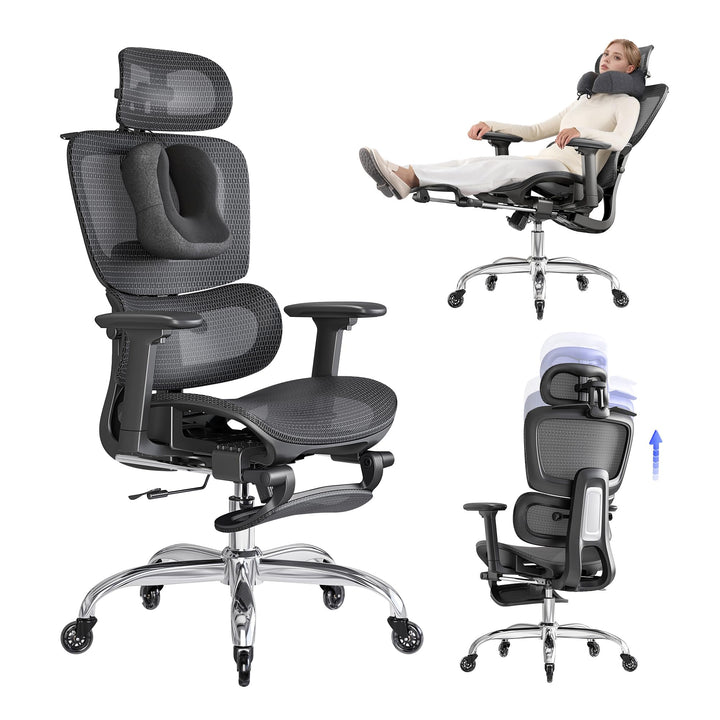 Ergonomischer Bürostuhl mit Fussstütze &amp; Nackenkissen, 5-Fach Höhenverstellbare Rückenlehne, 2D Lord