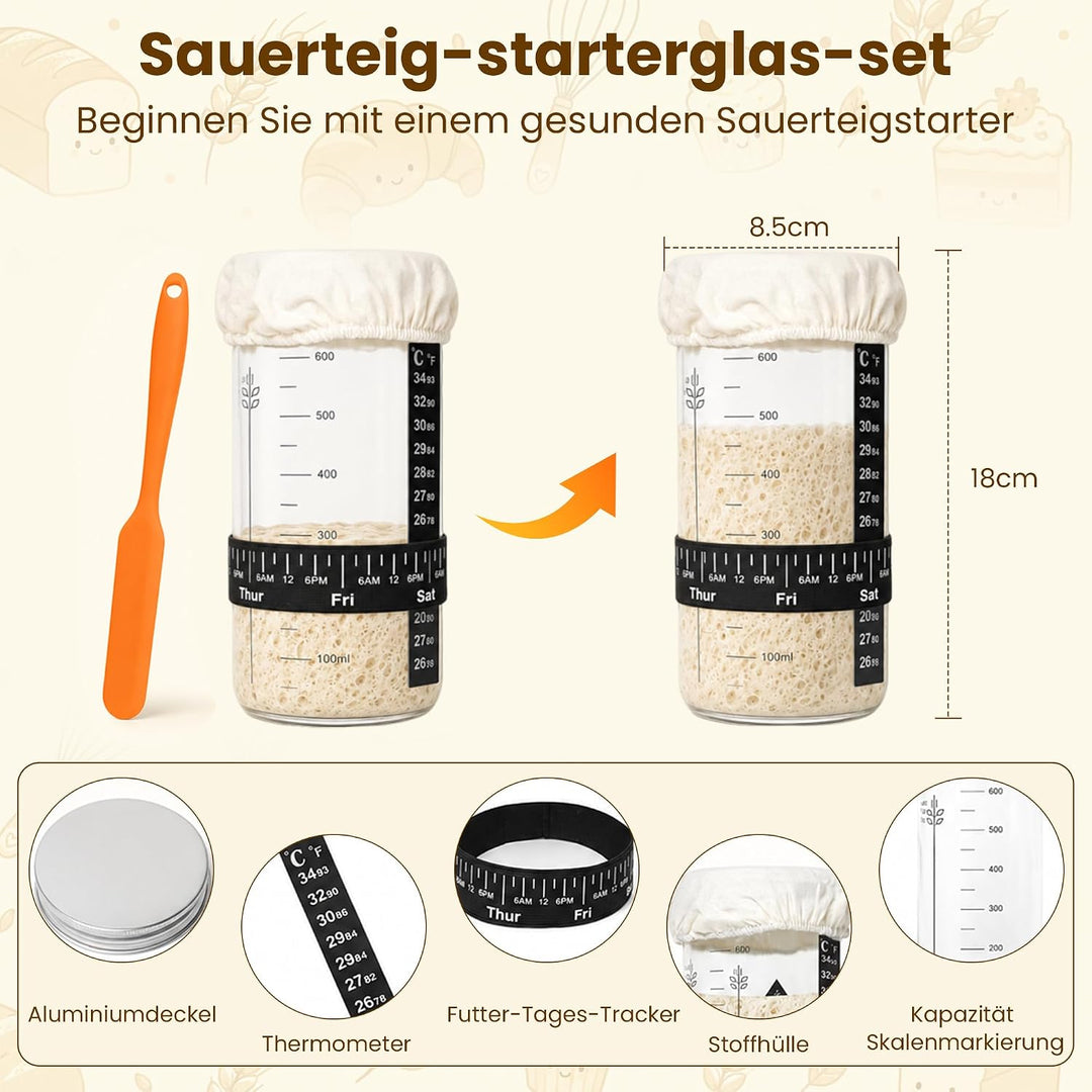 Sauerteig Starter Set mit 2 Gärkörbchen, Gärglas und Backzubehör
