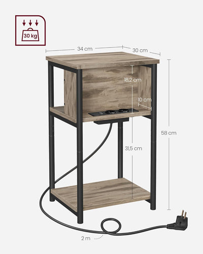 VASAGLE Beistelltisch, Nachttisch mit Steckdose, schmal, 2 AC-Anschlüsse, 2 USB-Anschlüsse, 30 x 34