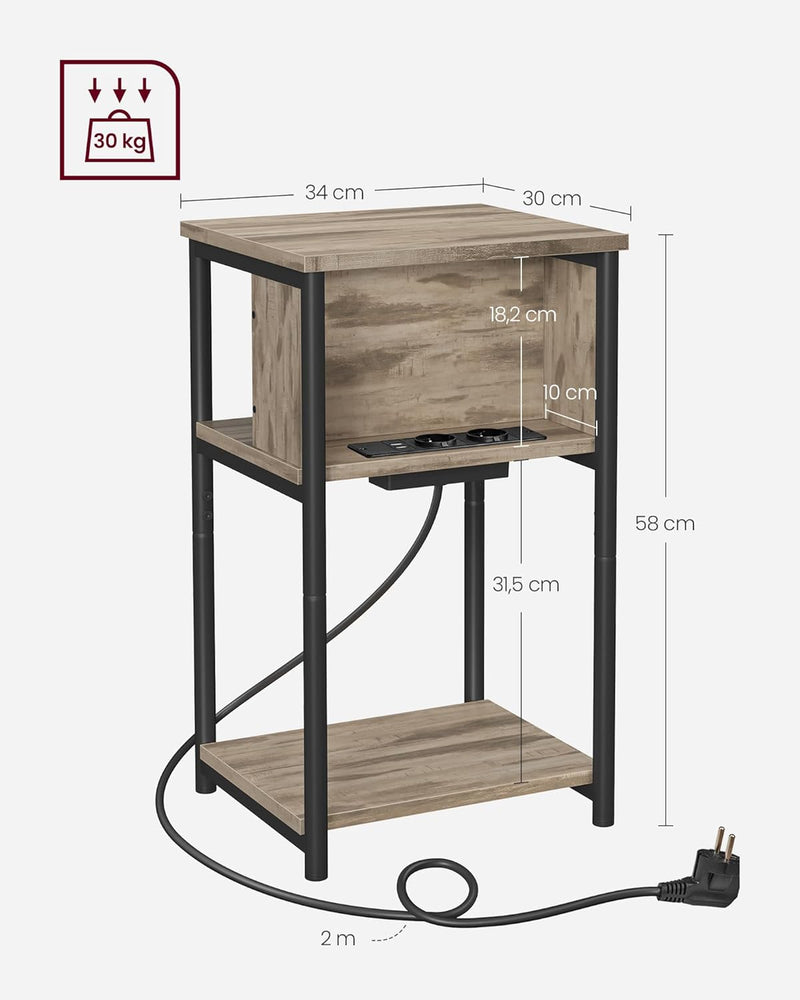 VASAGLE Beistelltisch, Nachttisch mit Steckdose, schmal, 2 AC-Anschlüsse, 2 USB-Anschlüsse, 30 x 34