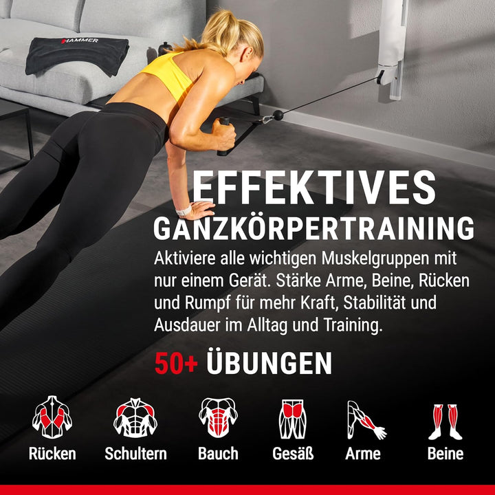 HAMMER Finnlo Kraftstation CablePull, Kabelzug-Trainer, 6 Widerstandsstufen, 146 cm Profi-Seilzuglän