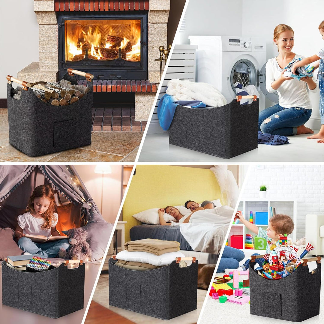 Feuerholzkorb 2er Set 67L & 96L – Filz Holzkorb mit Griffen, 50×32×40 cm & 60×40×40 cm, Kaminholz Ta