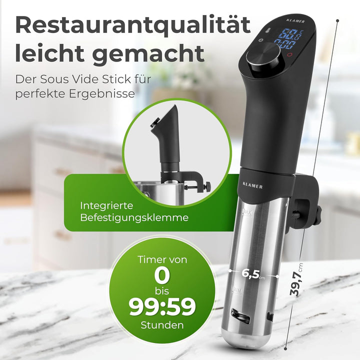 KLAMER Sous Vide Stick, 1200 Watt IPX7 wasserdichter Sous Vide Garer mit 3D Zirkulation und 20-95℃ T