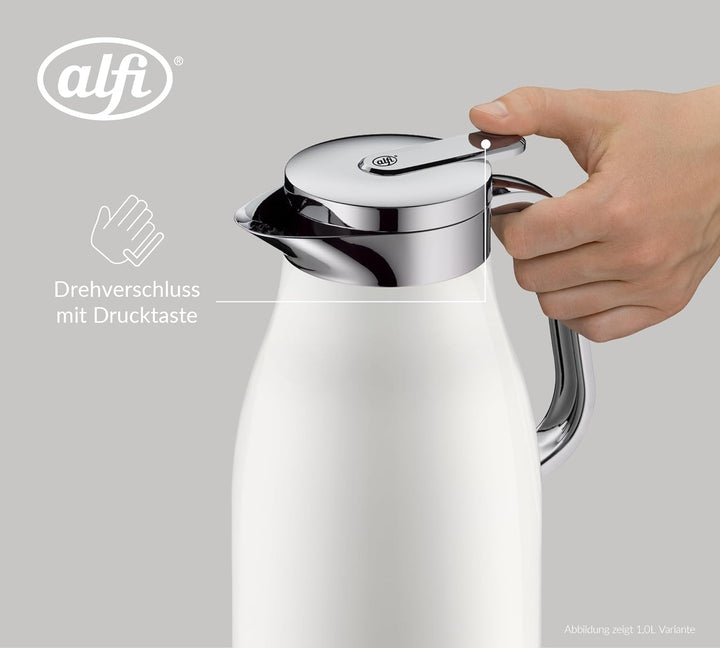 alfi SKYLINE 1,5l, coconut white mat, Edelstahl-Isolierkanne mit hygienischem Hartglaseinsatz, Drehv