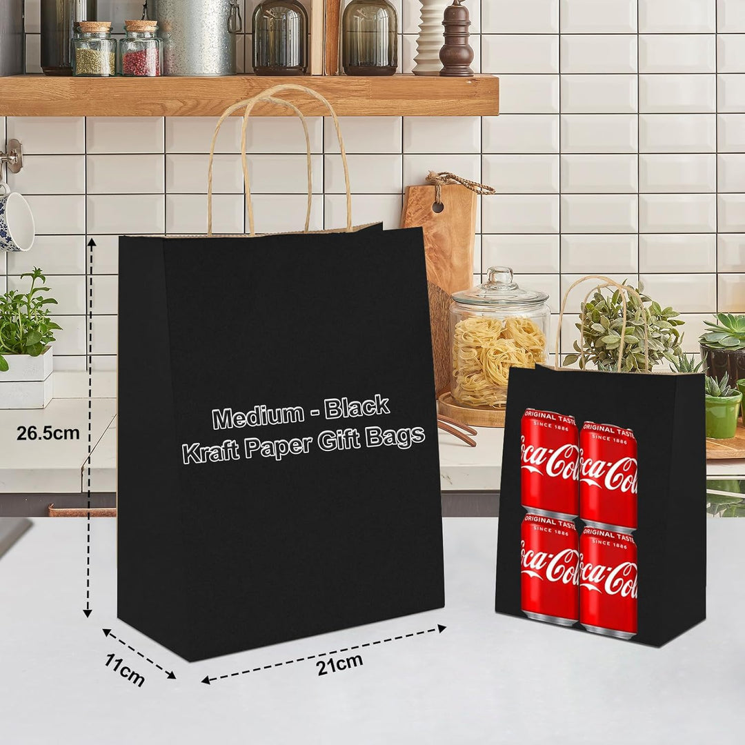 Gucass 50 Stück Mittel Papiertüten mit Henkel, Schwarz Kraft Papiertaschen Geschenktüten, 21x11x27cm