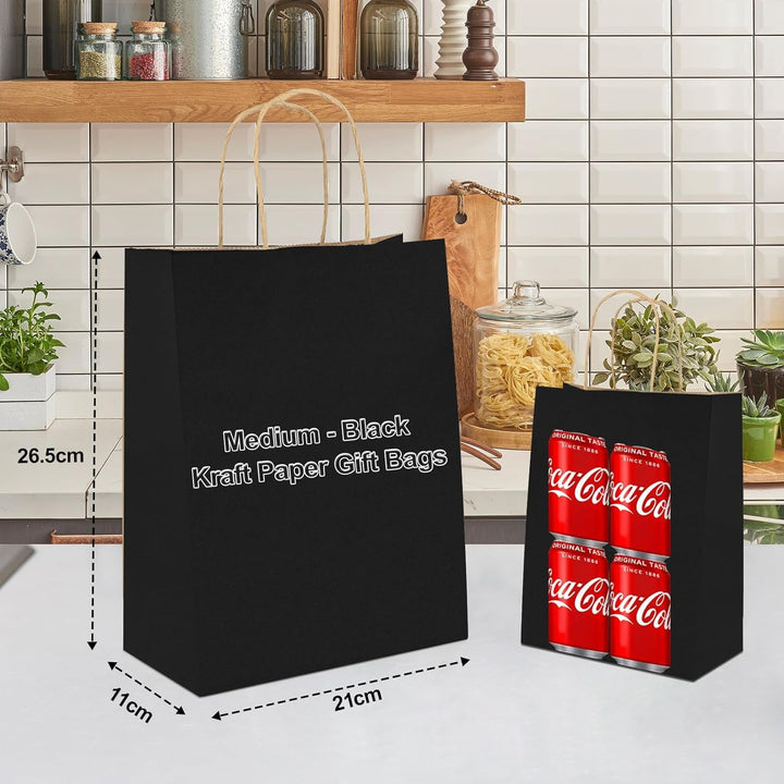 Gucass 50 Stück Mittel Papiertüten mit Henkel, Schwarz Kraft Papiertaschen Geschenktüten, 21x11x27cm