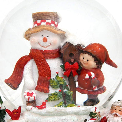 Dekohelden24 Schneekugel Schneemann mit Kind auf aufwendig verziertem Sockel, mit Spielwerk, Melodie