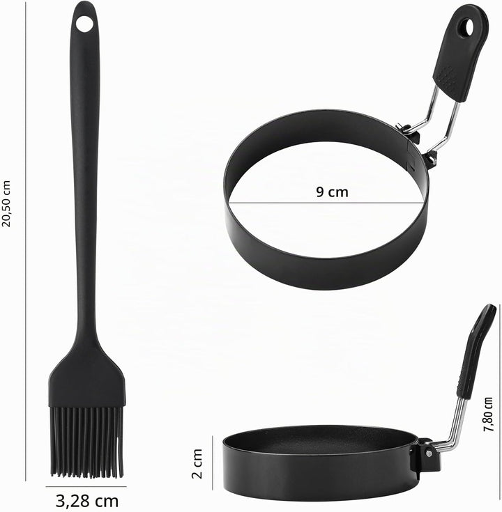 Eierring-Set aus Edelstahl, 8,9 cm, runde Eierform zum Braten und Grillen, mit Ölpinsel (4 Ringe, 2