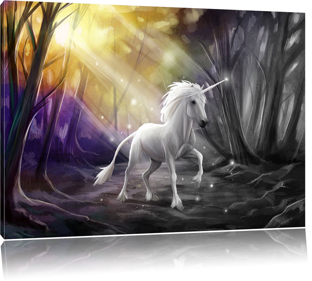 Pixxprint Einhorn im Märchenwald als Leinwandbild/Grösse: 100x70 cm/Wandbild/Kunstdruck/fertig bespa