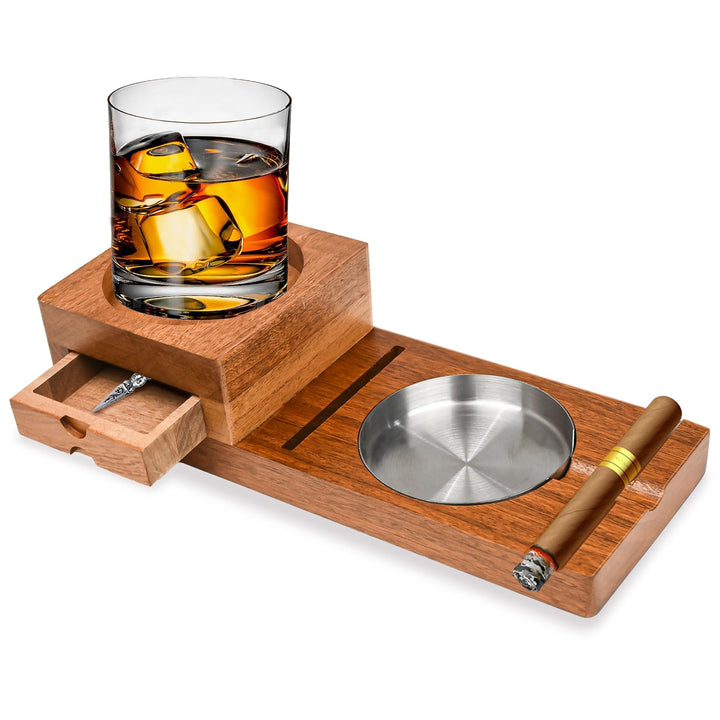 Zigarren-Aschenbecher, Whiskey-Untersetzer, Holzuntersetzer, Tablett und Zigarrenhalter mit Schublad