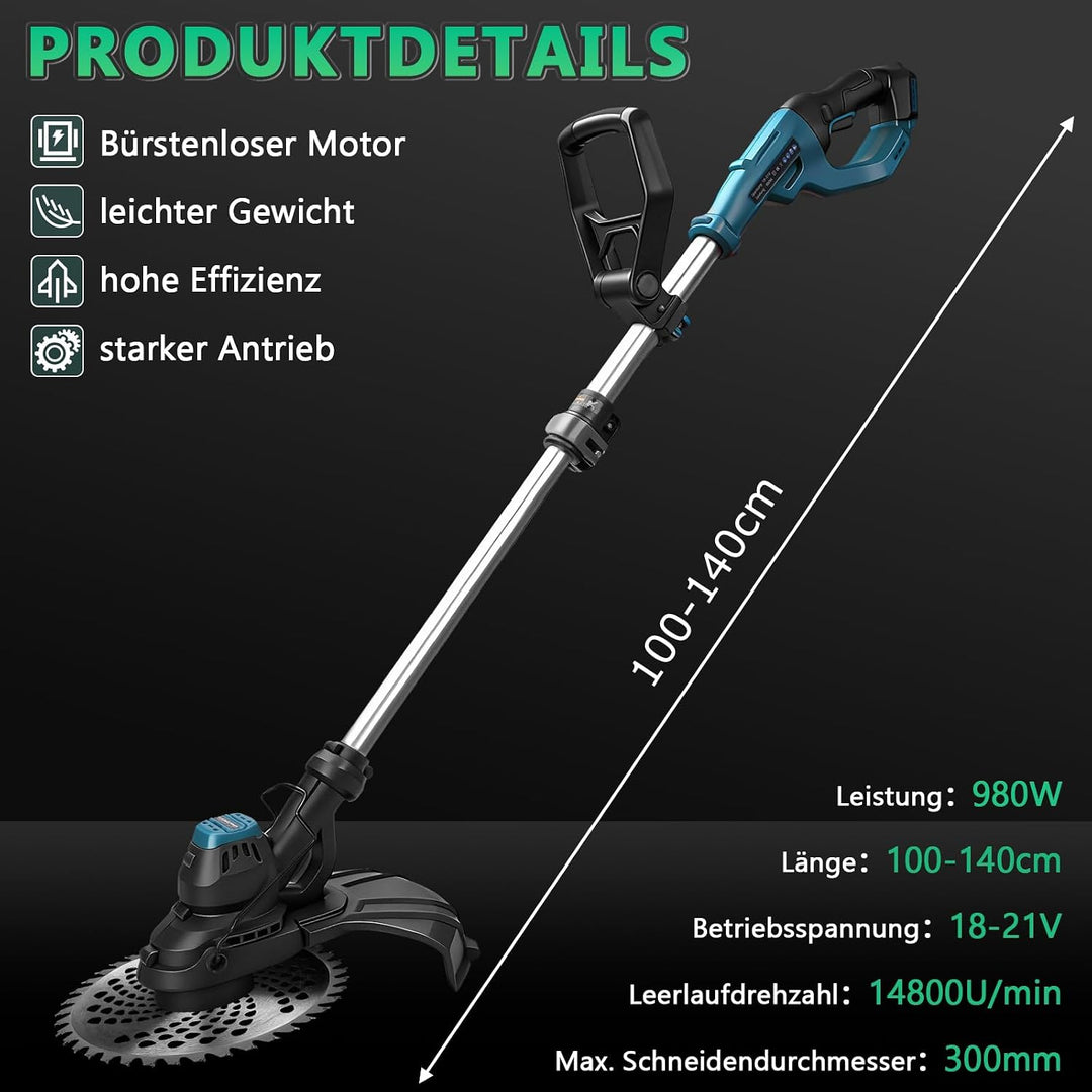 7-IN-1 Akku Rasentrimmer Kompatibel mit Makita Akkus 18V, 980W Bürstenloser Freischneider Akku mit 1