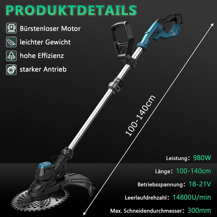 7-IN-1 Akku Rasentrimmer Kompatibel mit Makita Akkus 18V, 980W Bürstenloser Freischneider Akku mit 1