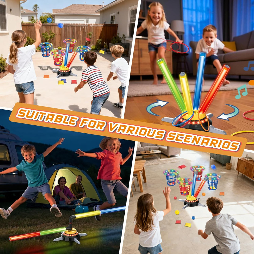 VATOS 3-in-1 Bohnensack- & Ringwurf-Spiel, Musikalische Sprünge für Kinder, Elektrische Drehbasis mi