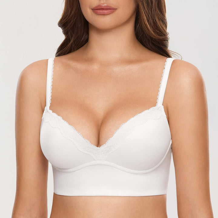 DOBREVA Push Up BH Damen ohne Bügel Soft Gepolstert Bügelloser Bralette mit Spitze 90B Weiss, 90B We