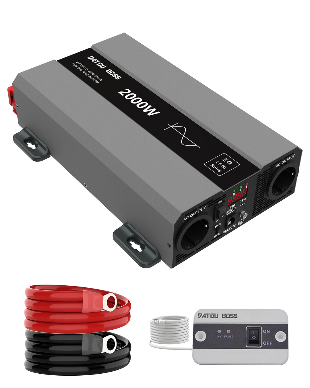 DATOUBOSS Wechselrichter 12v auf 230v Reiner Sinus 2000w, Spannungswandler 12v 230v 2000w mit AC Ste
