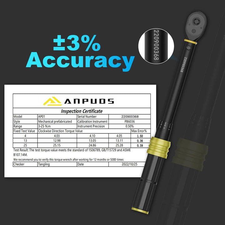ANPUDS Drehmomentschlüssel 1/4", 3-25 NM Fahrrad &amp; Motorrad, 0,1NM Mikro-Einstellung mit Arretierung