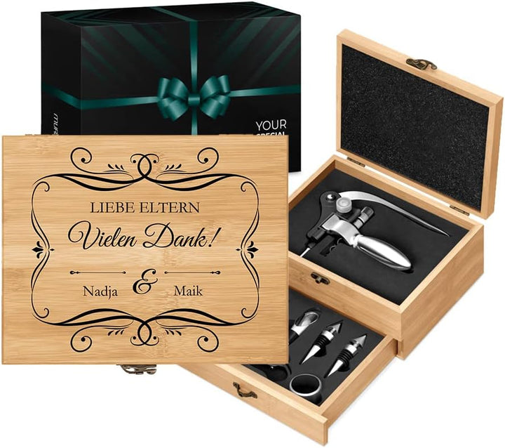 Maverton Weinöffner-Set personalisiert Weinset Sommelier Set - Geschenkbox Holzbox + 8er Weinzubehör