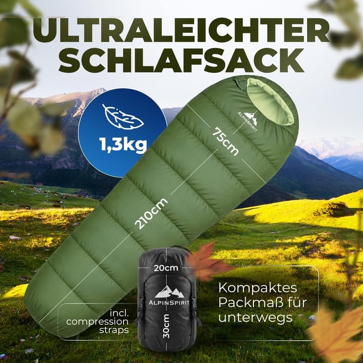 Schlafsack [Ultraleicht] 3 Jahreszeiten Sommer & Winter, kleines Packmass, Komfort, 210x75 cm, leich