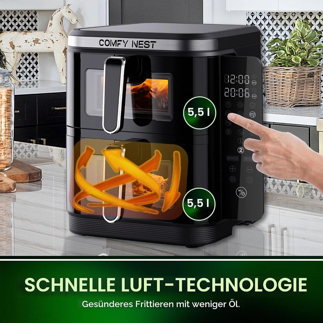 Comfy Nest, 11-Liter-Doppelkorb-Luftfritteuse mit 12 Kochprogrammen, Heissluftfritteuse, schneller L