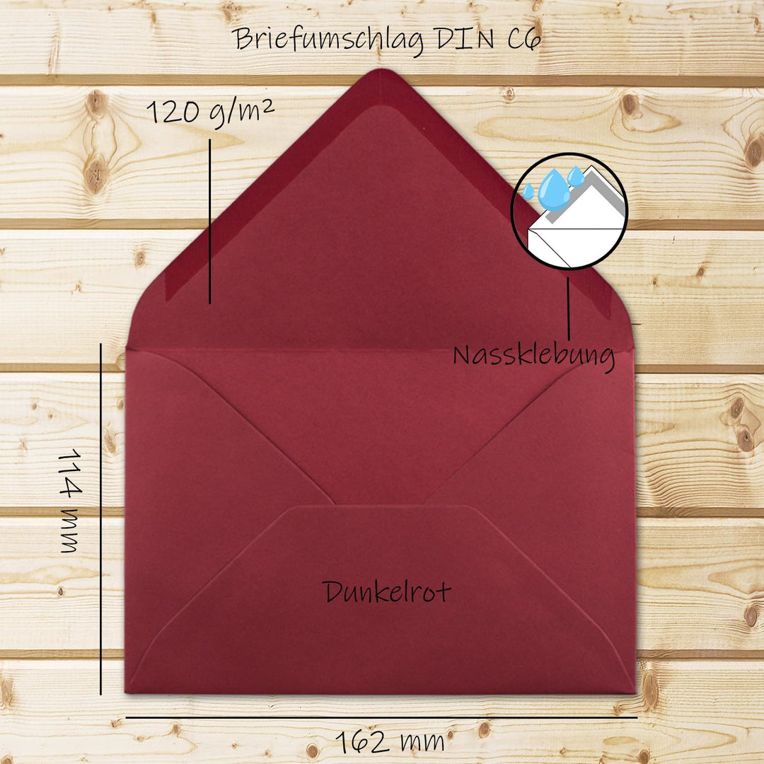 200 Brief-Umschläge - Dunkel-Rot - DIN C6-114 x 162 mm - Kuverts mit Nassklebung ohne Fenster für Gr