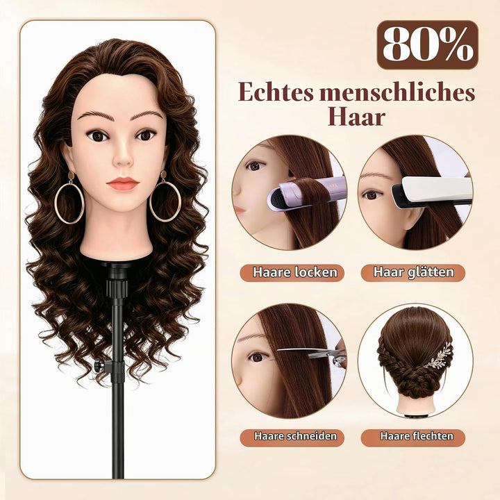 Yofuly 24Zoll / 61cm Frisierkopf mit Ohrlöchern, 80% Echthaar Übungskopf, Frisieren Trainingsköpfe P