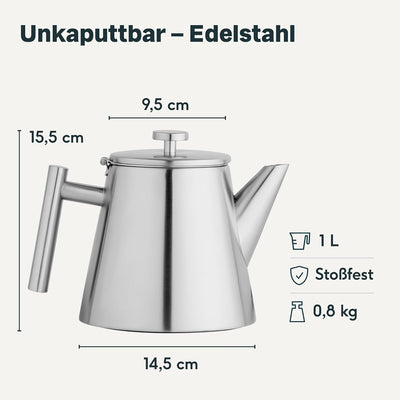 SILBERTHAL Teekanne Edelstahl mit Siebeinsatz (1L) Silber - Doppelwandige Kanne mit Deckel - Thermo