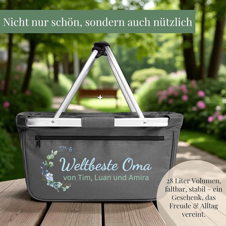 Einkaufskorb personalisiert mit Wunschtext – Geschenk für Oma mit Blumenmotiv – personalisiertes Ges