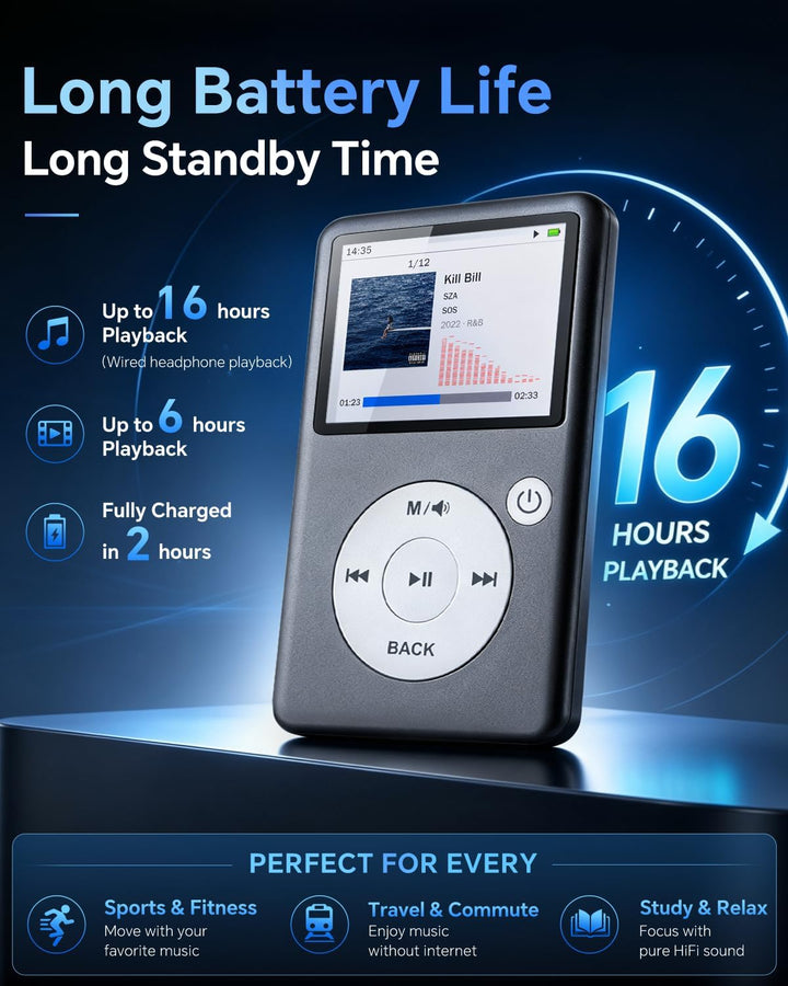 MP3 Player Bluetooth 5.3 mit Video, Hörbüchern, FM Radio und Touch Wheel | Klassis Design, HiFi Musi