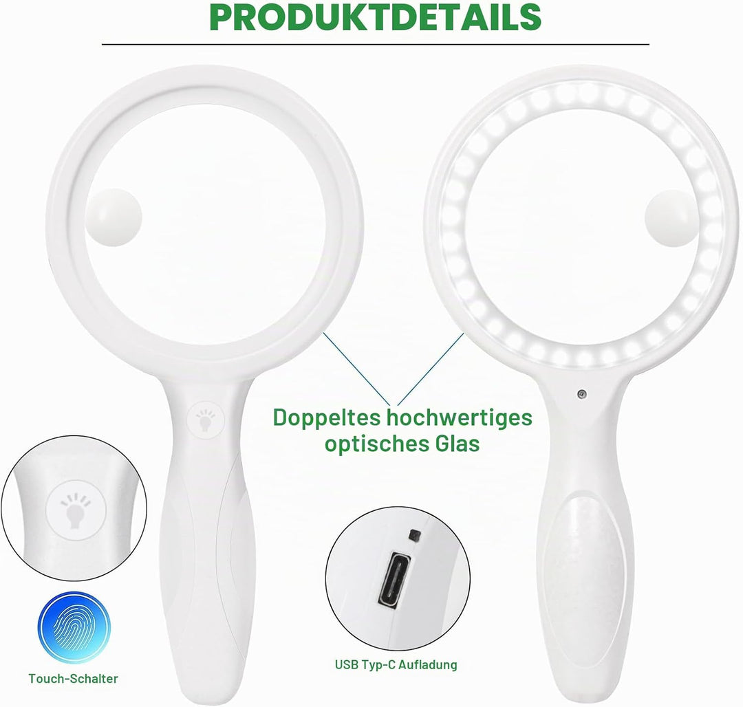 Lupe mit Licht, 60 Fach 33 LED Handlupe 30XLeselupe mit Licht, USB-Aufladung Lupe 3 Modi Leselupe fü