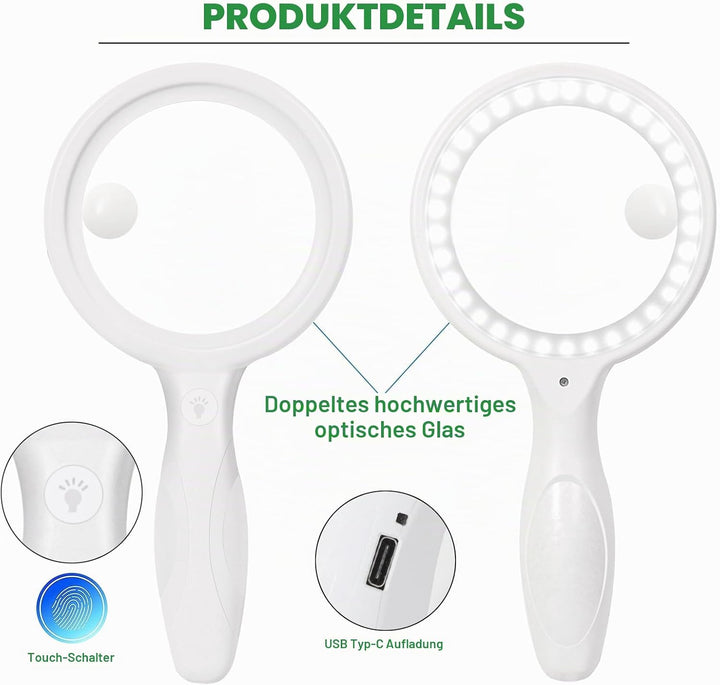 Lupe mit Licht, 60 Fach 33 LED Handlupe 30XLeselupe mit Licht, USB-Aufladung Lupe 3 Modi Leselupe fü