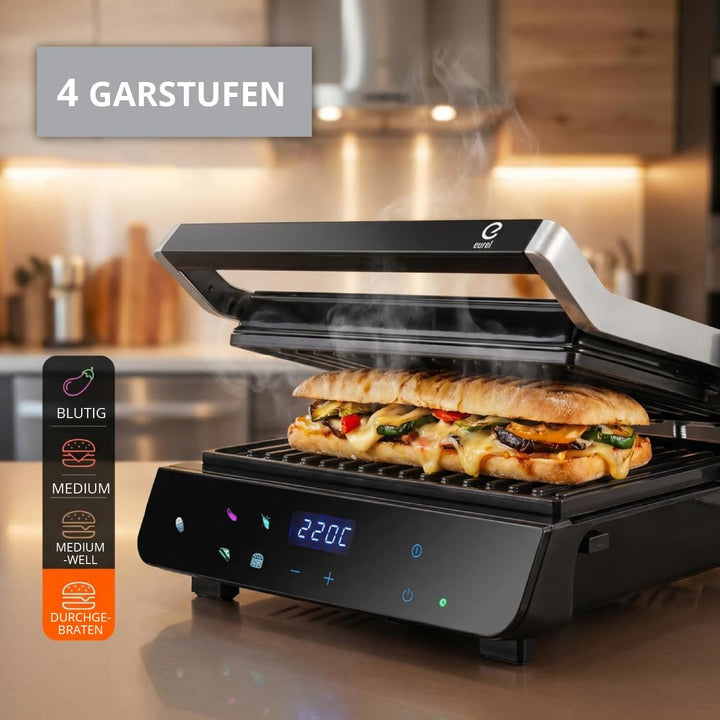 Eurel Kontaktgrill NG94 Elektrogrill 2000W | Panini Grill mit Smart Sensor, 180° aufklappbar, Garstu
