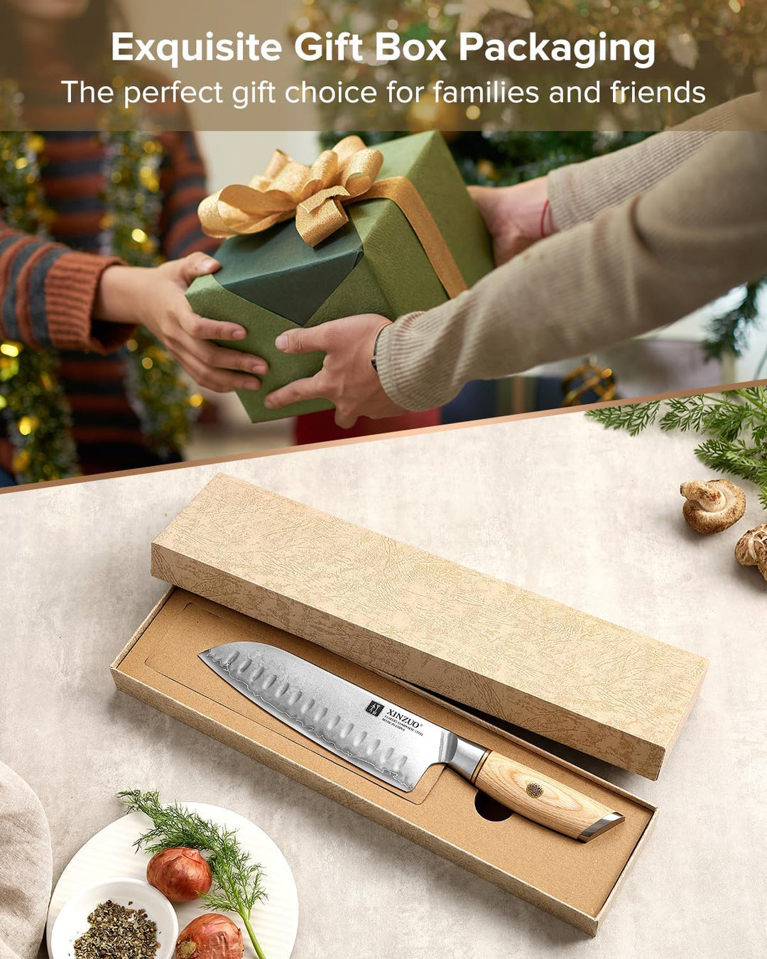 XINZUO Edelstahl 18.2cm Santokumesser, 3 Schichten Verbundstahl 10Cr15CoMoV Kochmesser, Profi Chefme