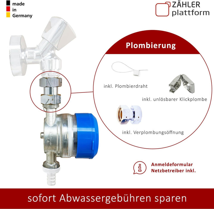 ZÄHLER plattform Zapfhahn Wasserzähler Set Durchfluss Qn 1,5, Kaltwasser, BL 110 mm Eichung 2023 3/4