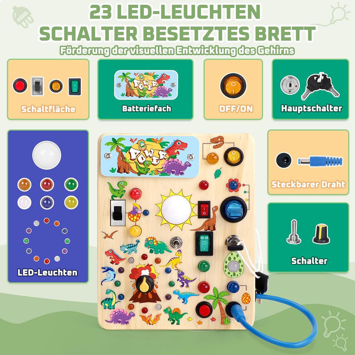 Dinosaurier Busy Board Montessori Spielzeug ab 1 jahr Activity Board Holzspielzeug Mit 10 Schaltern