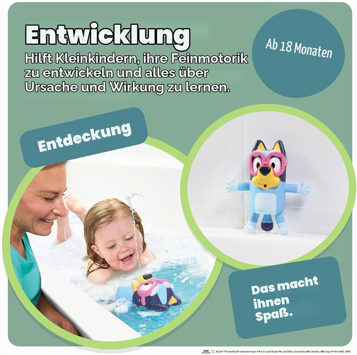 Toomies Swim School Bluey Badespielzeug, Schwimmende Wasserfontäne Bluey, Zieh-den-Schwanz Wasserspr