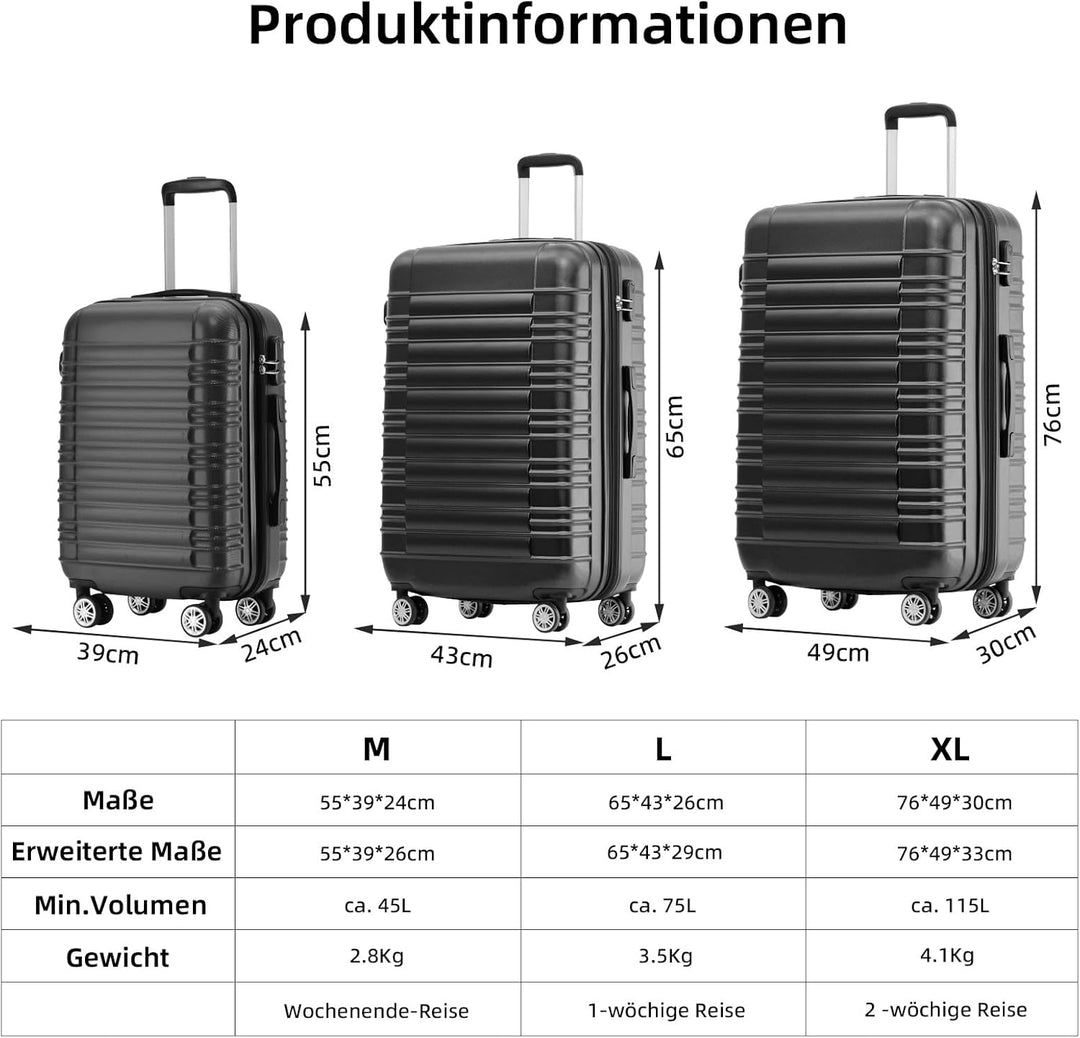 BEIBYE Zwillingsrollen Reisekoffer Koffer Trolleys Hartschale M-L-XL-Set (Schwarz, M) Schwarz M