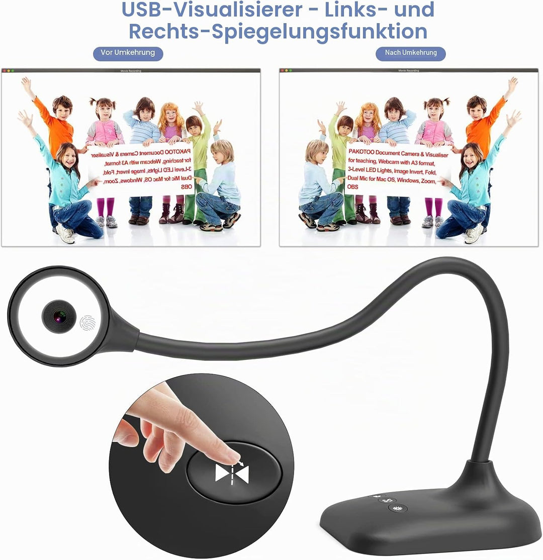 PAKOTOO USB Dokumentenkamera & Visualizer Schule im A3-Format, 3-stufige LED-Leuchten, Bildumkehrung