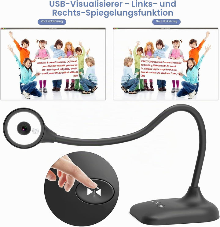 PAKOTOO USB Dokumentenkamera & Visualizer Schule im A3-Format, 3-stufige LED-Leuchten, Bildumkehrung