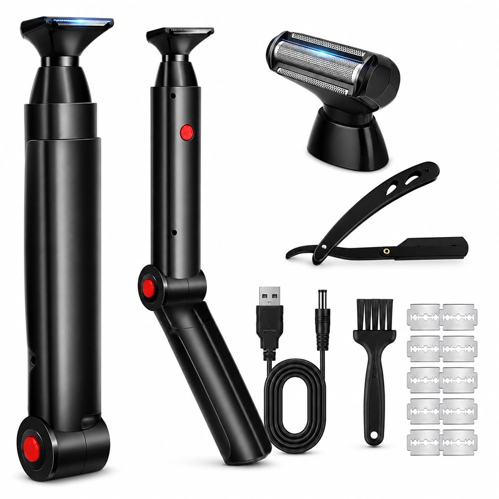 Rückenrasierer Herren, mit 2 Shock Absorber Flex Heads &amp; 10 Klingen | Multifunktional, USB, Drehzahl