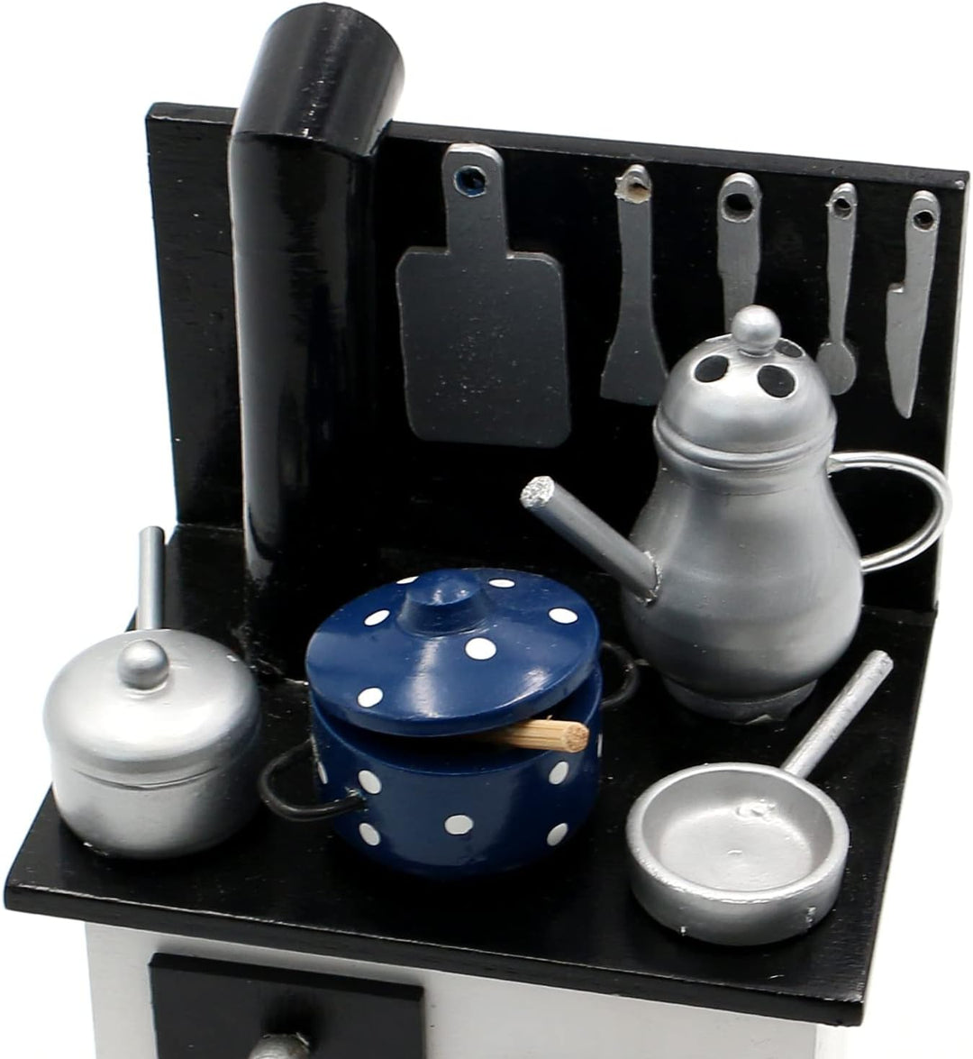 Dekohelden24 Holz Räucherofen mit Küchenutensilien in schwarz-weiss, L/B/H ca. 9 x 7 x 15 cm, 15 cm