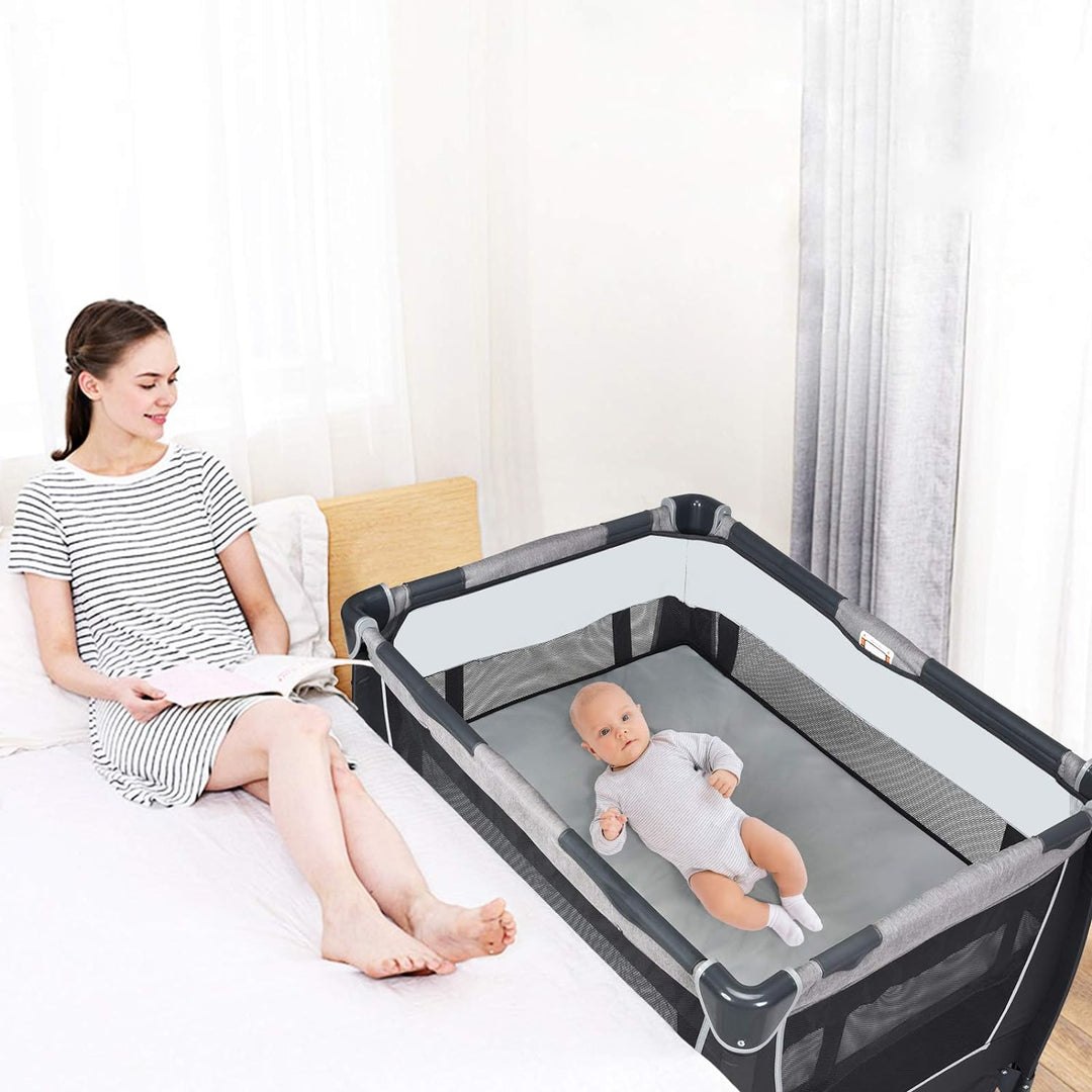 GOPLUS 4 in 1 Reisebett, Laufgitter Wiege Windeltisch, ab Geburt bis 15 kg, mit Matratze&Wickelaufla