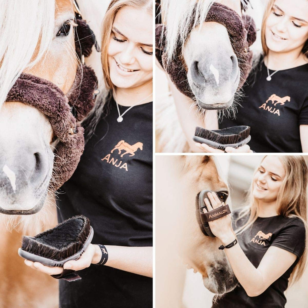 Animalon CareFlex Lammfell-Kardätsche | Flexible & Ergonomische Pferdebürste aus Lammfell und Rossha