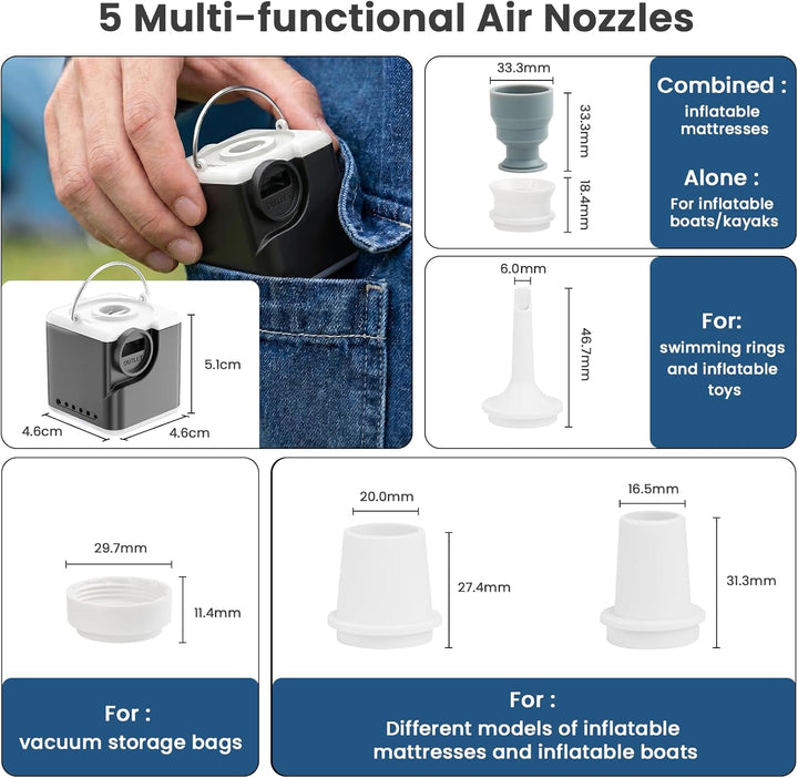 Mini elektrische luftpumpe, 2400mAh akku luftpumpe für luftmatratze, 5 Düsen Inflate & Deflate pumpe
