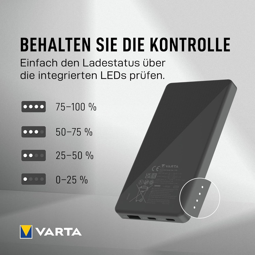VARTA Power Bank 5000mAh, Powerbank Energy mit 2 Anschlüssen (1x USB C, 1x USB A), kompatibel mit Ta