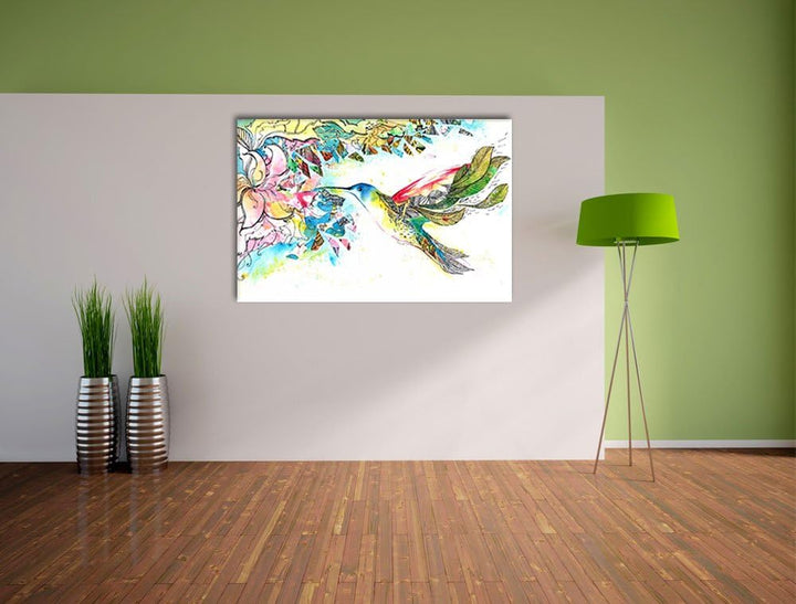 Pixxprint Kolibri Kunst Format: 100x70 auf Leinwand, XXL riesige Bilder fertig gerahmt mit Keilrahme