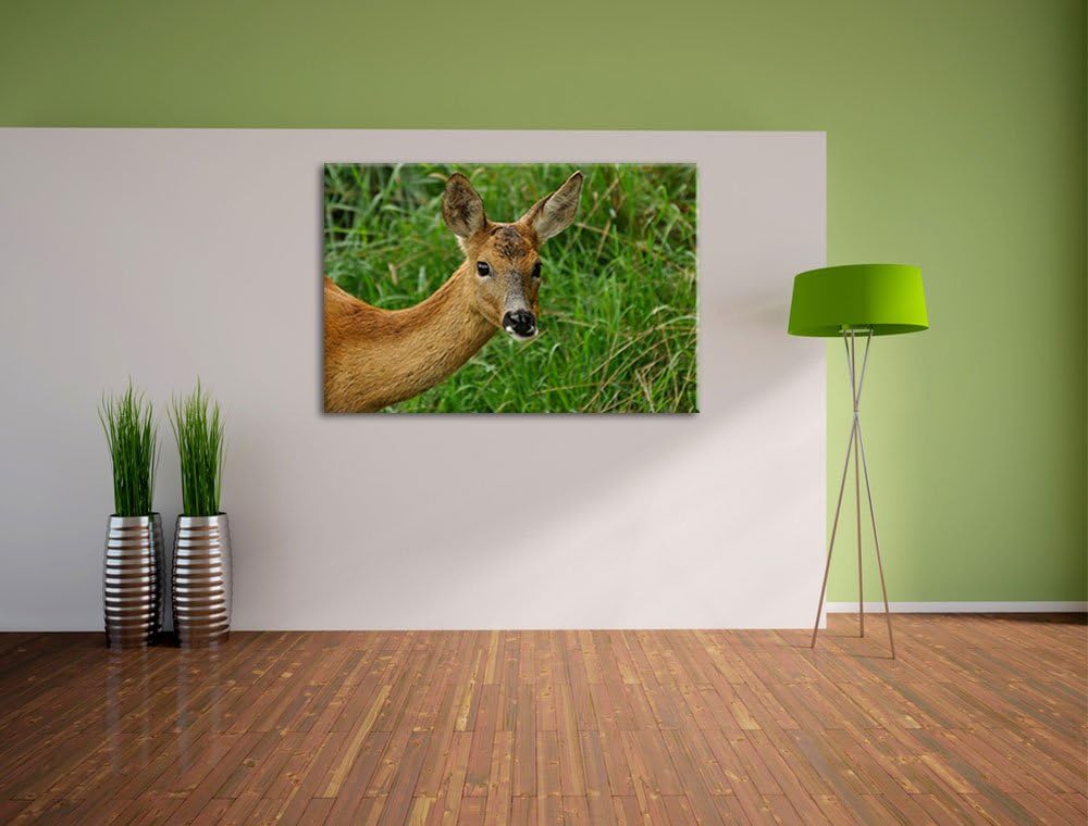 Reh beim Fressen, Format: 100x70 auf Leinwand, XXL riesige Bilder fertig gerahmt mit Keilrahmen, Kun