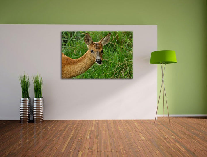 Reh beim Fressen, Format: 100x70 auf Leinwand, XXL riesige Bilder fertig gerahmt mit Keilrahmen, Kun