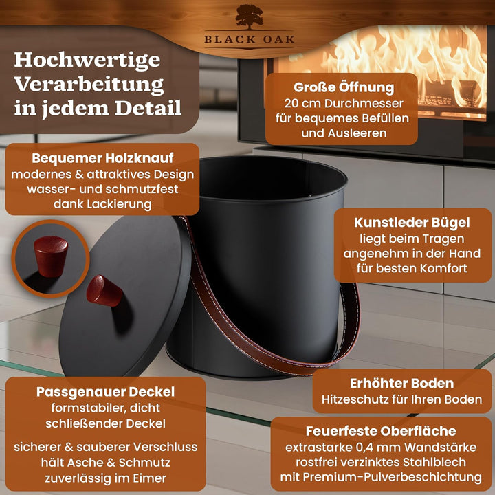 BLACK OAK Ascheeimer TOBA 5L - schwarz mit Deckel & Leder-Griff + Handschuhen - 5L Stahl feuerfest v
