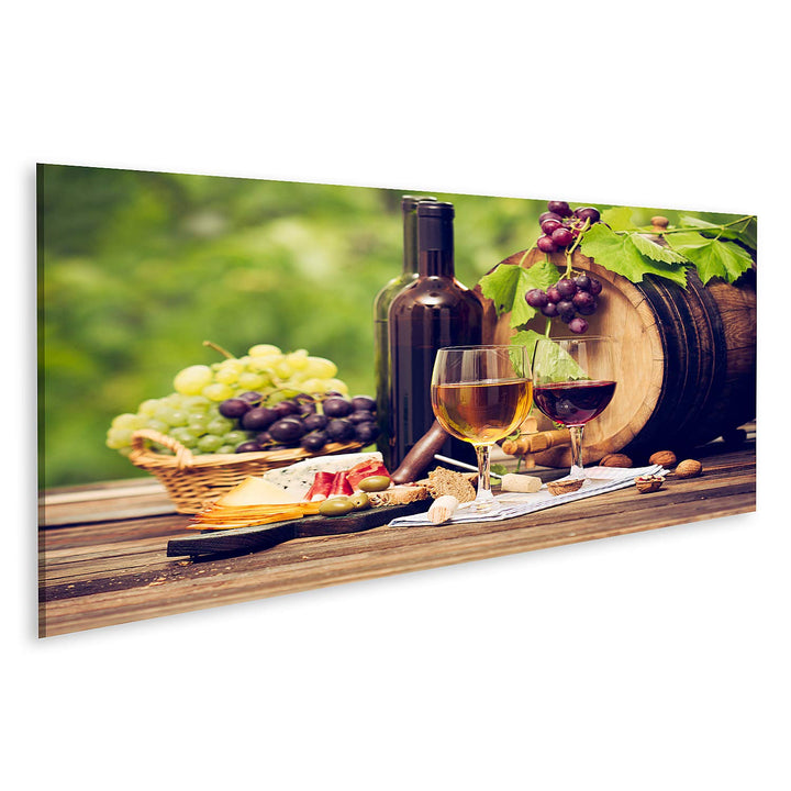 islandburner Bild auf Leinwand Wein Käse Tisch Close Up Bilder Wandbilder Poster Leinwand 120x40cm -